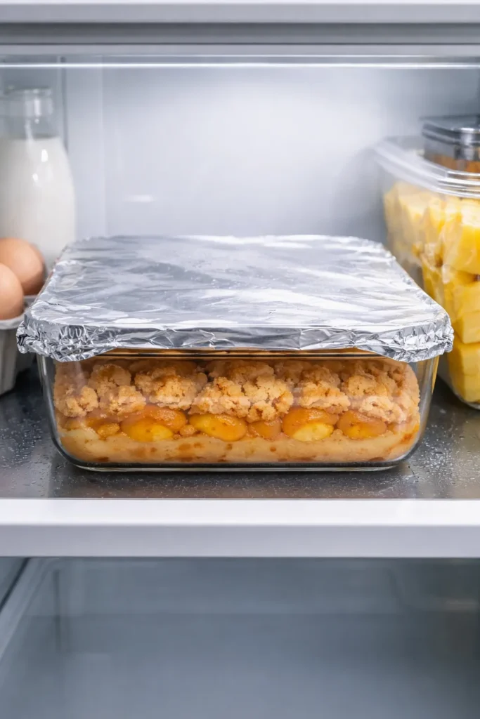 Refrigerated peach cobbler stored in a covered dish