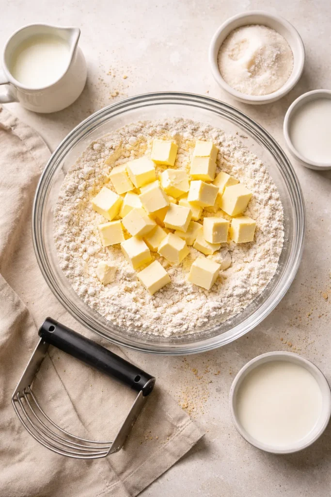 Cold butter and dry topping ingredients for cobbler