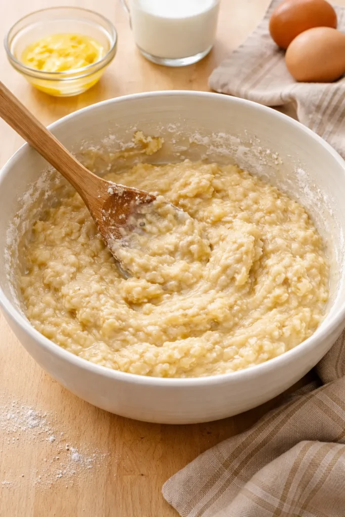 Thick, lumply cobbler topping batter in a mixing bowl with a spoon