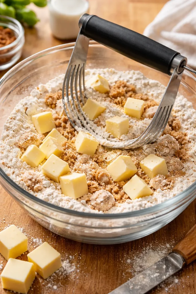 Close-up of dry Cobbler Topping ingredients and cold butter cubes cut into flour