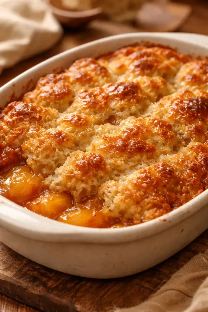 Close-up of a golden cobbler topping in a baking dish