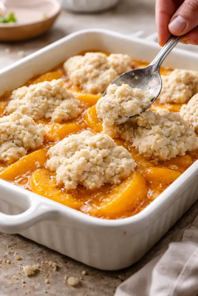 Dollops of biscuit batter on peach filling in baking dish