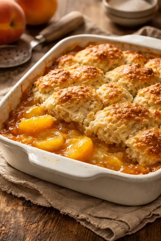 Close-up of peach cobbler with bubbling filling and light biscuit topping