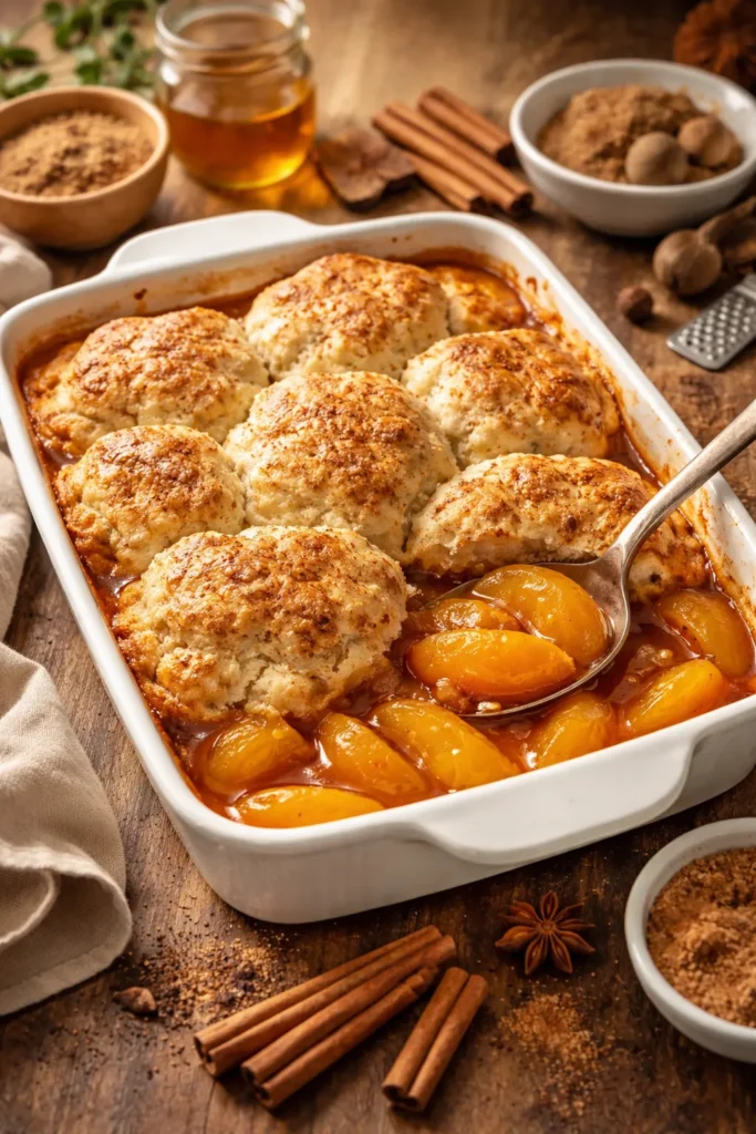Peach cobbler with cinnamon specks on topping suggesting flavor twists