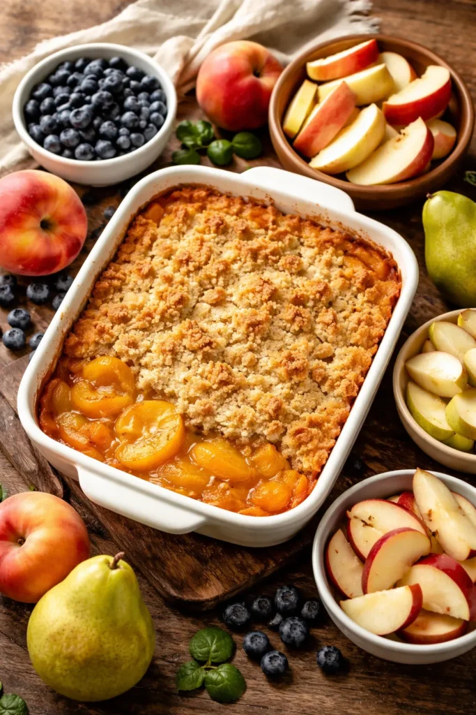 Peach cobbler with fruit variations including berries and apples