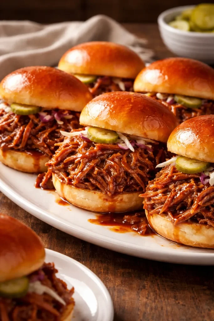 Sliders with shredded pork and BBQ glaze on a plate