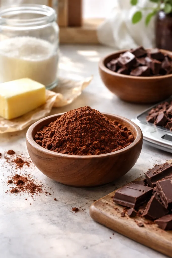 Dutch-process cocoa powder in a wooden bowl on a clean surface