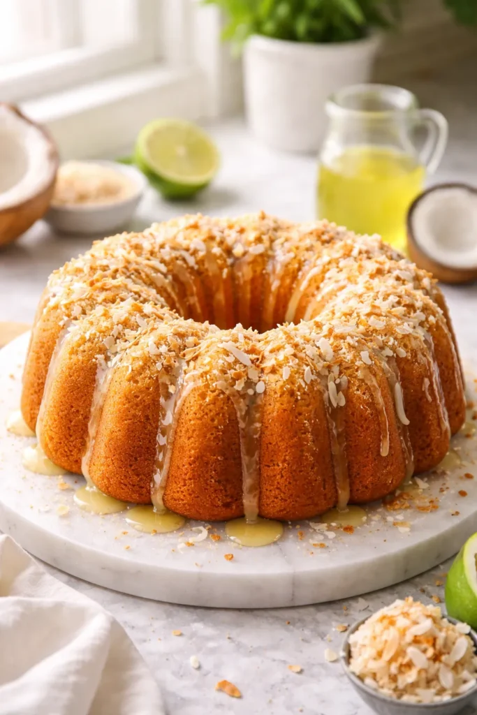 Coconut Bundt cake with lime syrup and toasted coconut