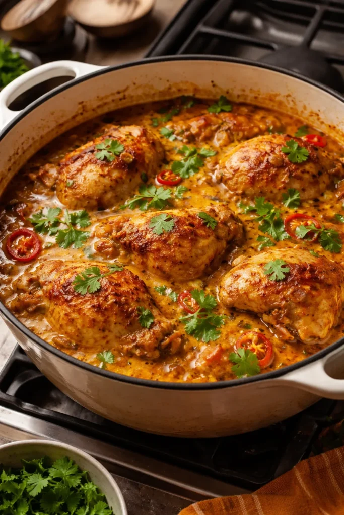 Chicken thighs simmering in coconut curry inside a Dutch oven