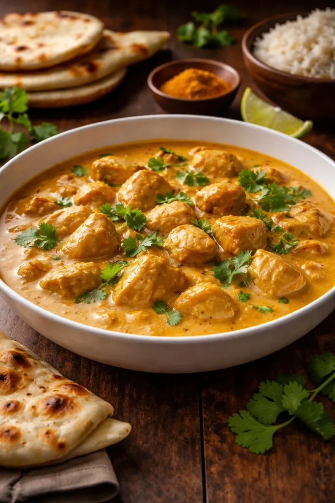 Coconut chicken curry in a white bowl with tender chicken pieces in creamy sauce