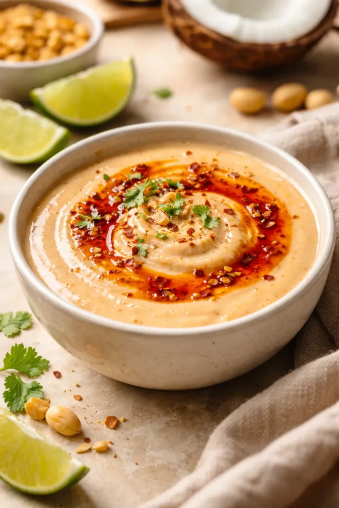 Creamy coconut-lime peanut sauce with a chili oil swirl in a small bowl