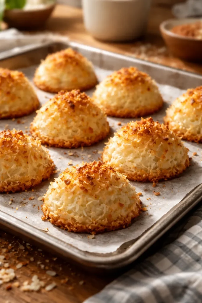 Golden coconut macaroons on parchment-lined tray in warm kitchen light