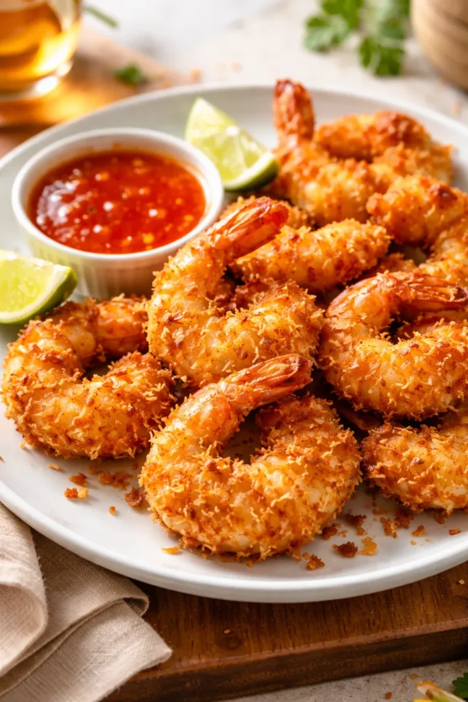 Close-up of jumbo coconut-crusted shrimp on white plate