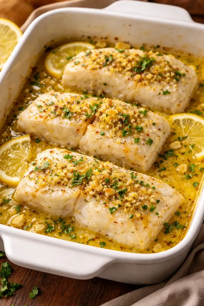 Cod fillets baked with lemon garlic in olive oil