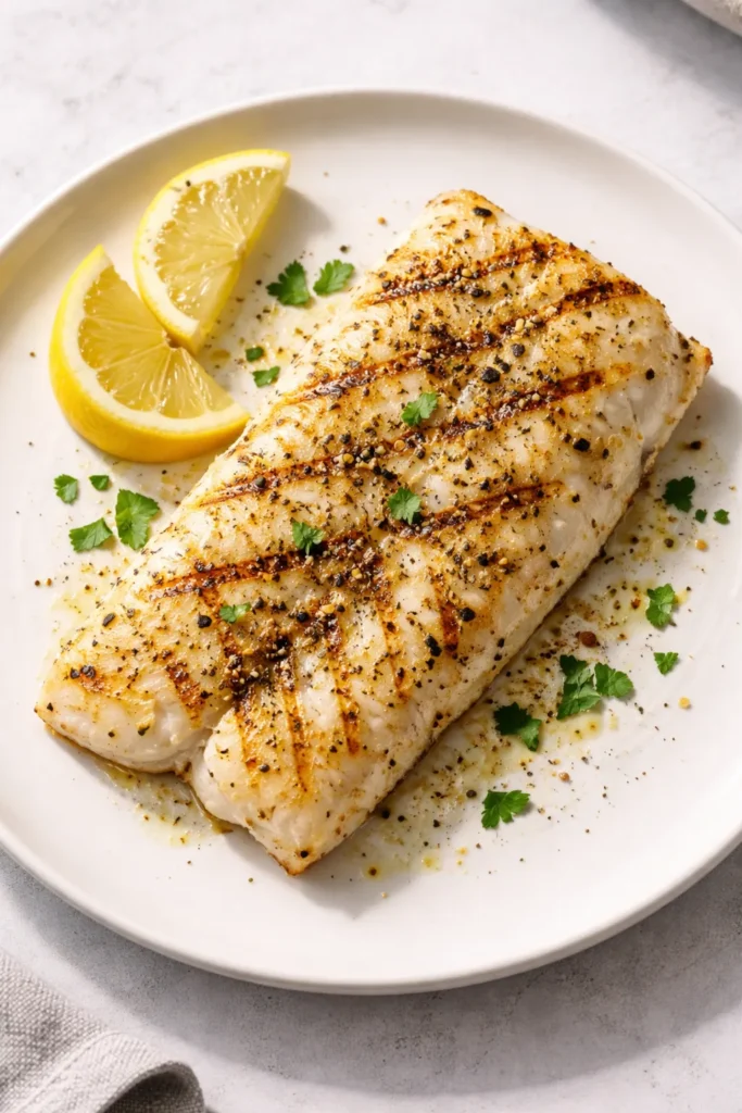 Cod fillet with lemon pepper seasoning and light charring on a plain plate