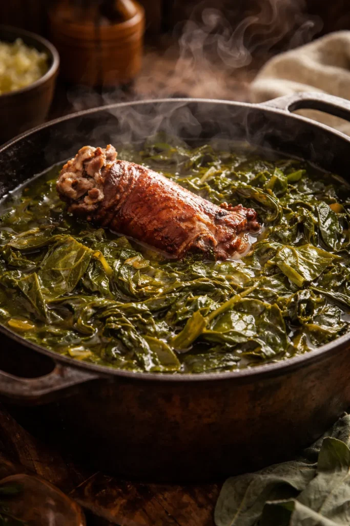 Close-up of collard greens with smoked ham hock in a cast-iron pot