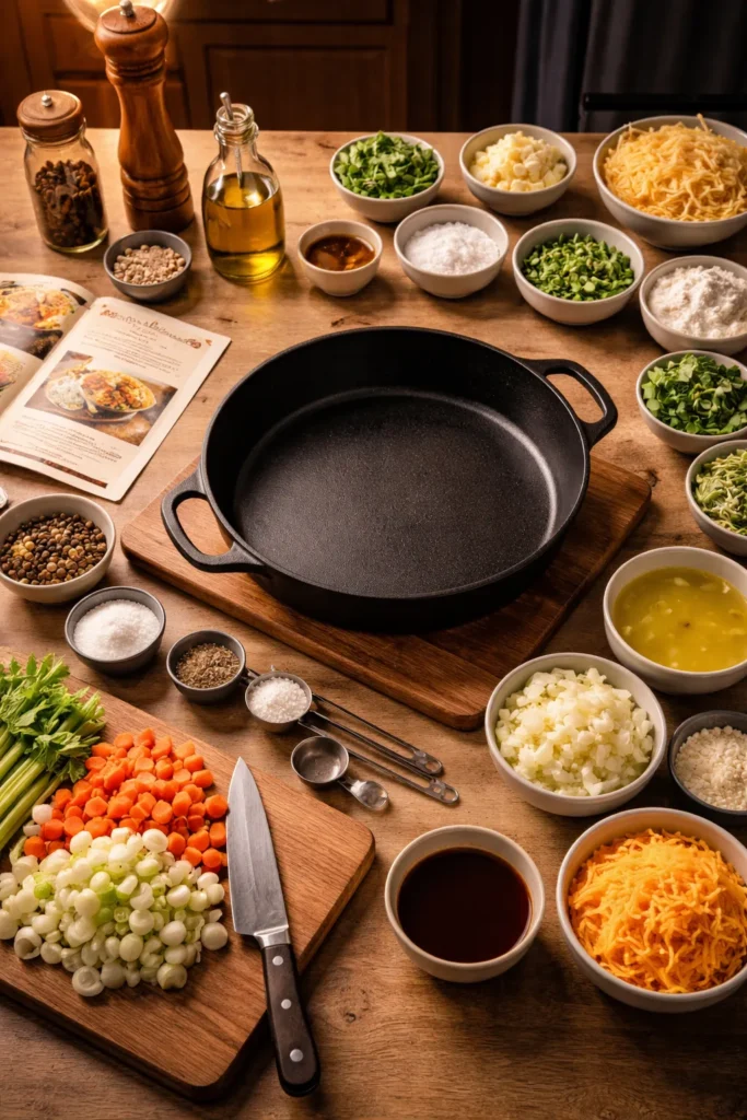 Organized kitchen with pan and prep bowls for comfort food night