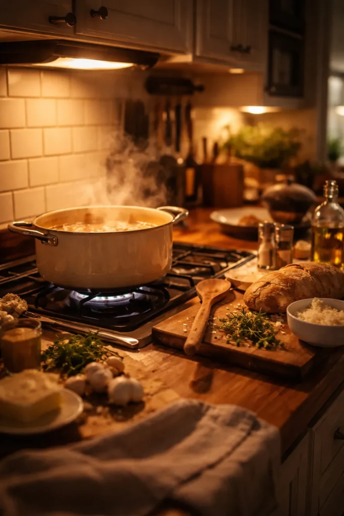 Cozy kitchen with simmering pot and warm glow
