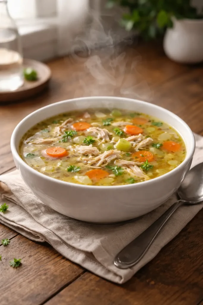 A steaming bowl of chicken soup on a wooden table, representing the conclusion of a comforting sick-day meal