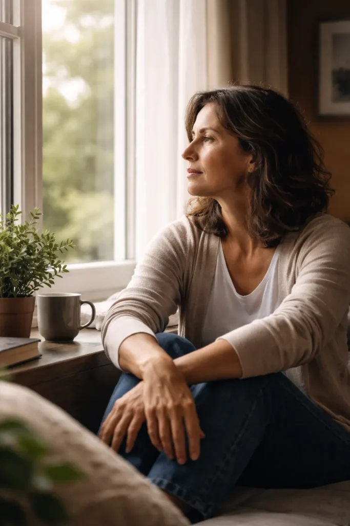Contemplative person by a window in natural light