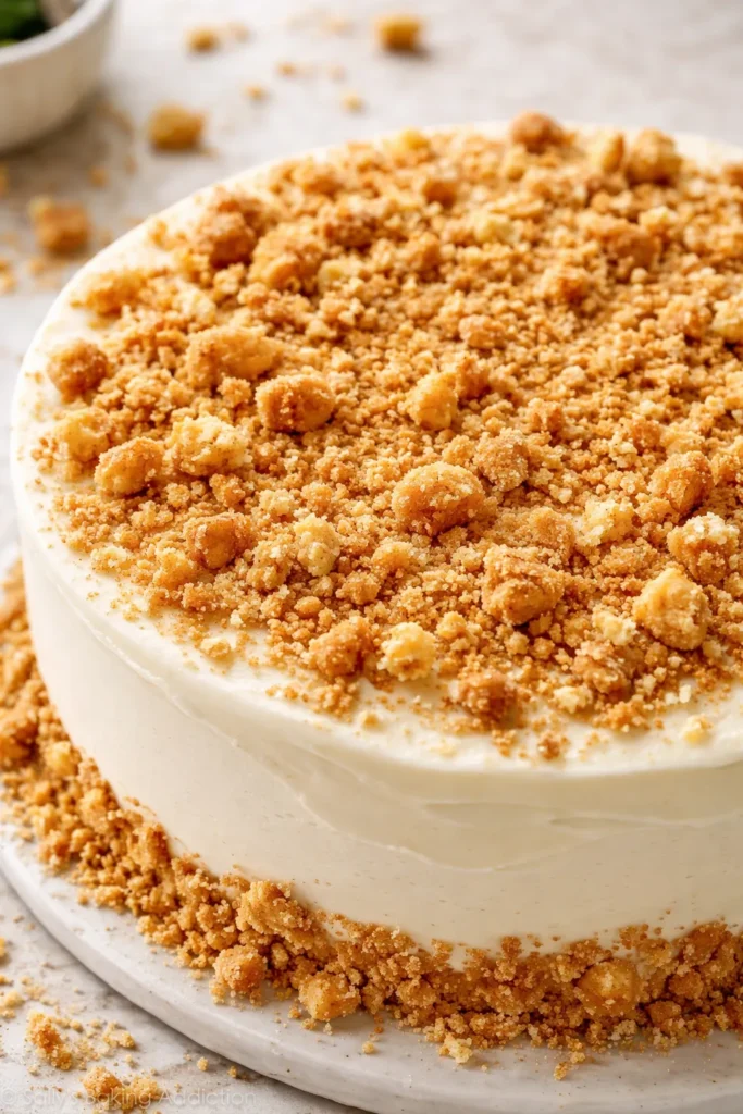 Top view of cake topped with varied-size crushed cookie crumbs for rustic texture