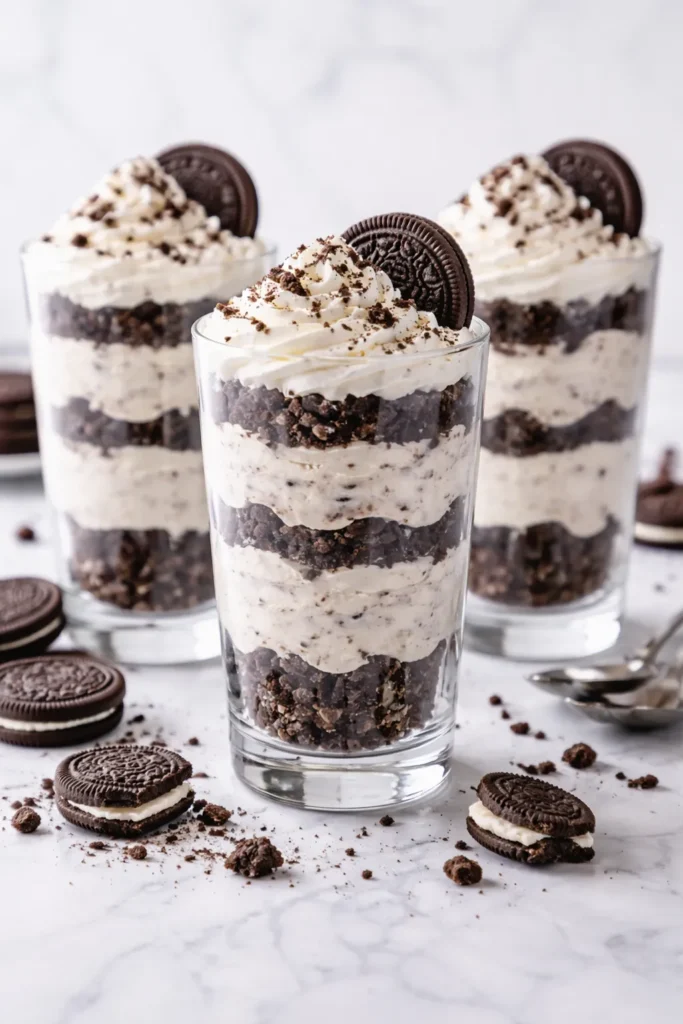 Cookies and cream mousse parfait with Oreo crumb layers
