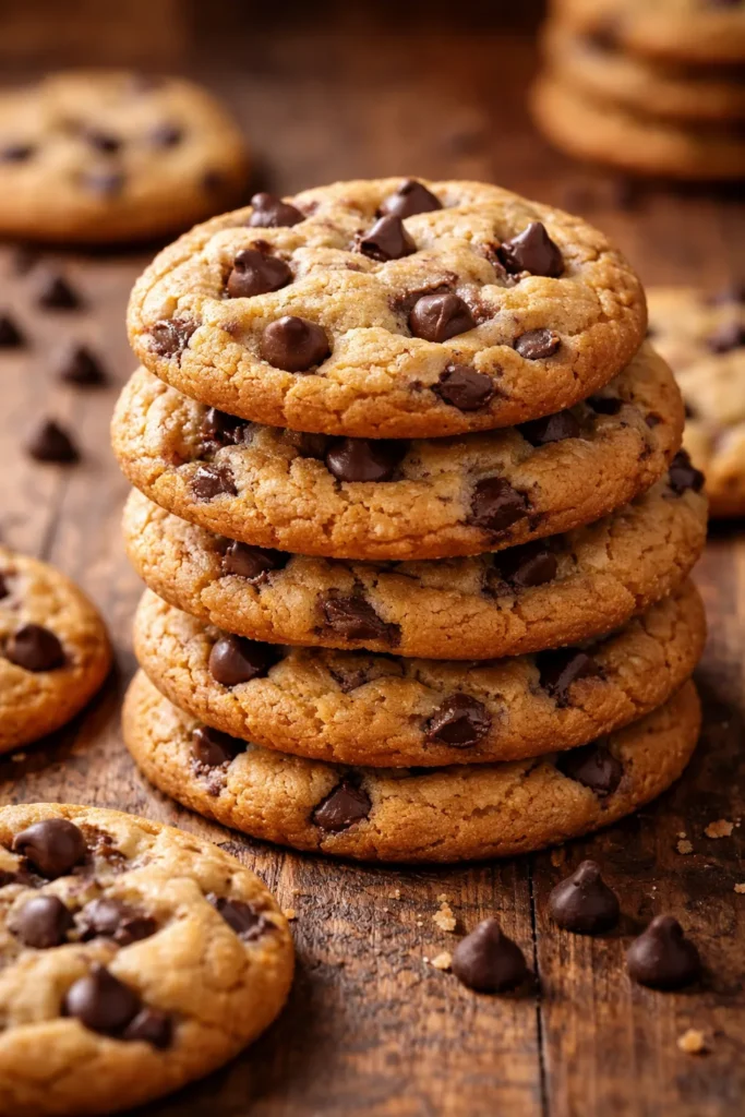Close-up of chewy chocolate chip cookies on a rustic wooden surface