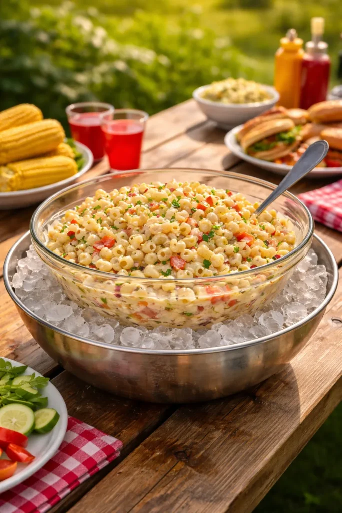 Macaroni salad served in an ice bath for cooling at a cookout
