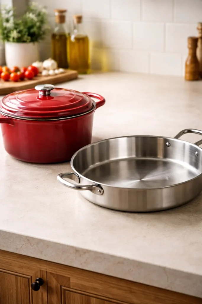 Side-by-side Dutch oven and straight-sided skillet demonstrating cookware options for one-pot pasta