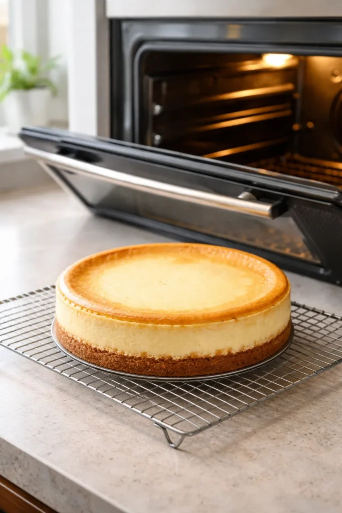 Cheesecake cooling on a wire rack at room temperature