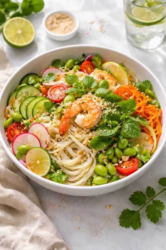 Bright bowl of cold noodle salad with citrus dressing and fresh herbs