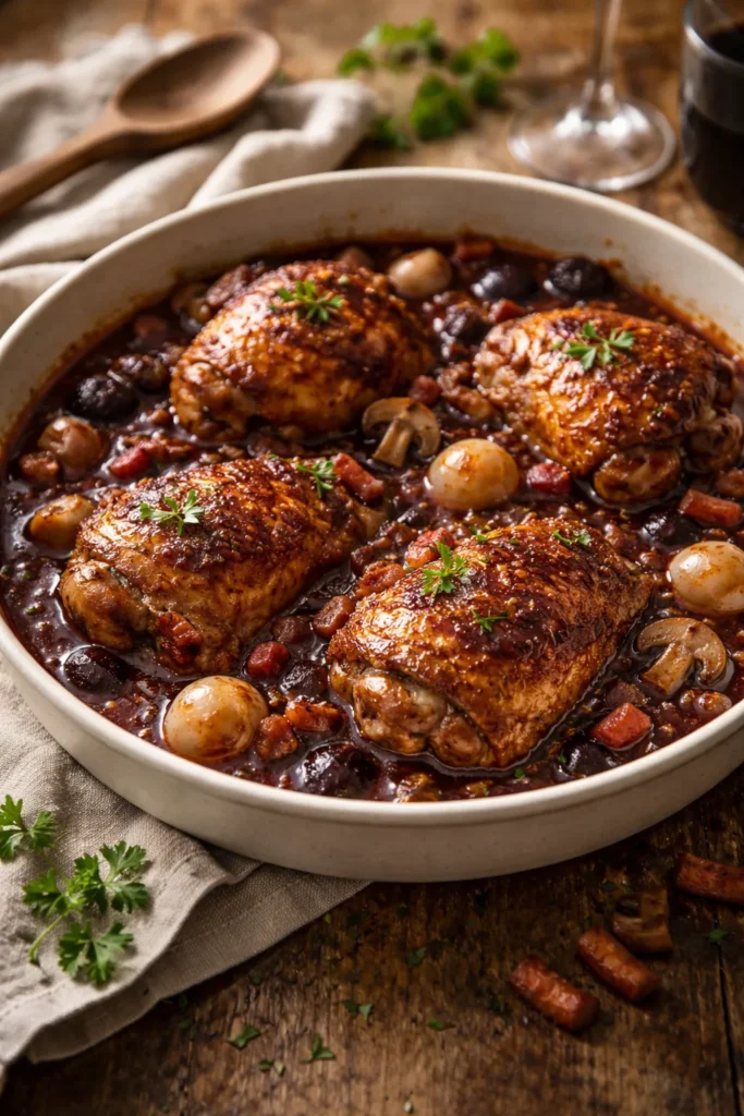 Braised chicken thighs in wine sauce for coq au vin on a plate