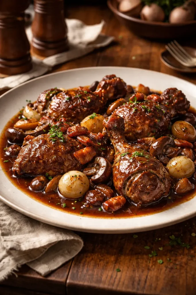 Coq au Vin plated chicken braised in red wine with mushrooms