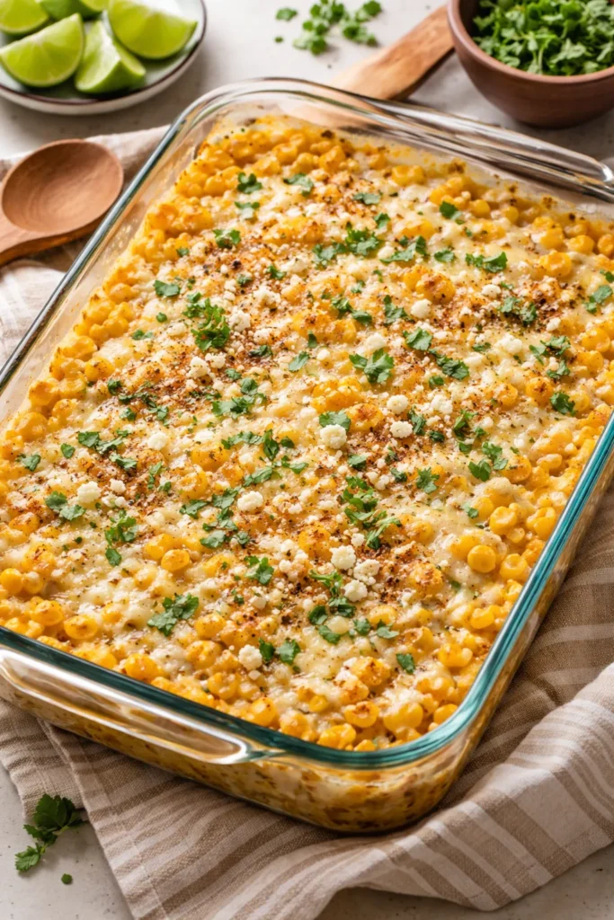 Creamy corn casserole topped with cheese in a glass baking dish.