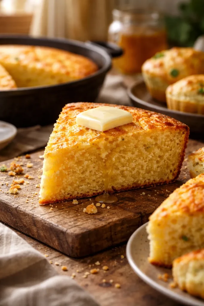 Slice of golden cornbread on a wooden board with butter.