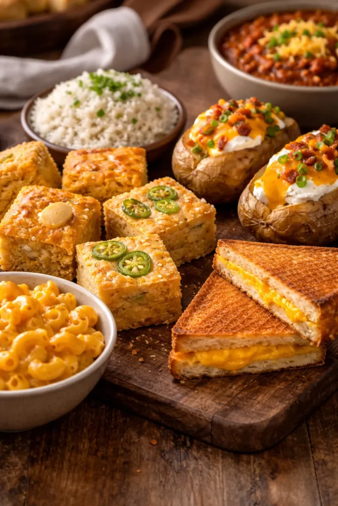 Sampler of chili sides including cornbread, potatoes, rice, macaroni, and grilled cheese