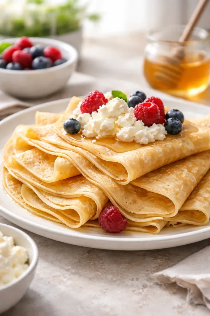 Close-up of a stack of pale cottage cheese protein crepes on a white plate.