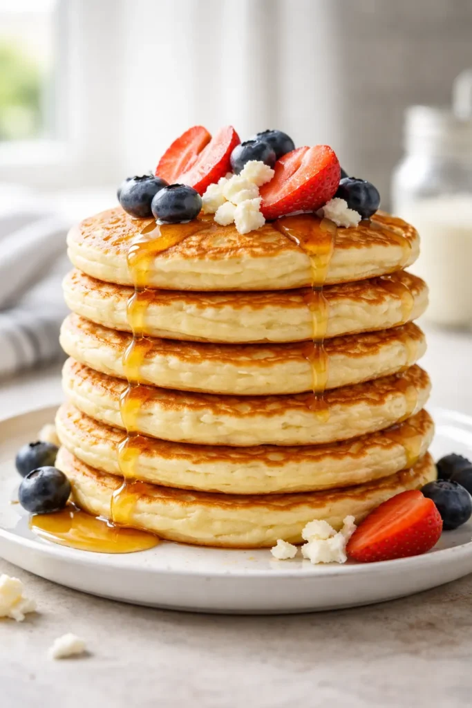 Stack of cottage cheese pancakes on a plate