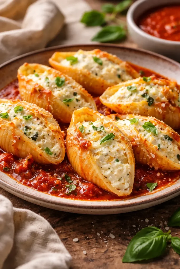 Cottage cheese stuffed shells on a rustic plate