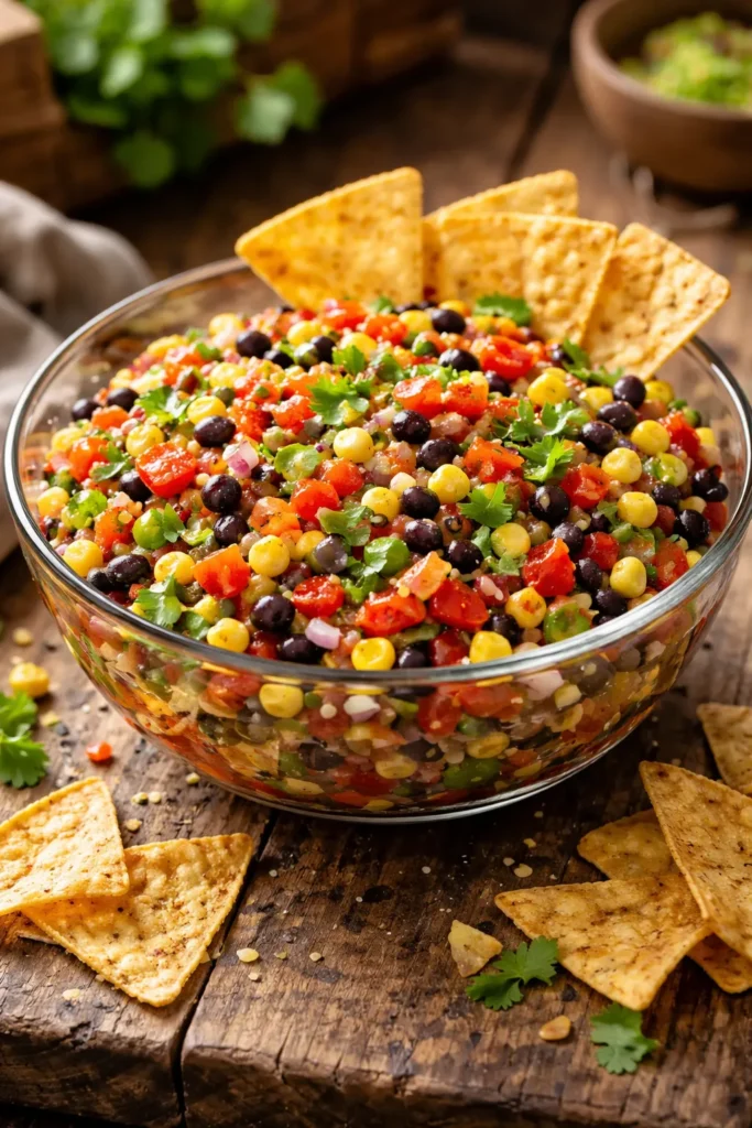 Colorful cowboy caviar in a bowl on a wooden table with tortilla chips