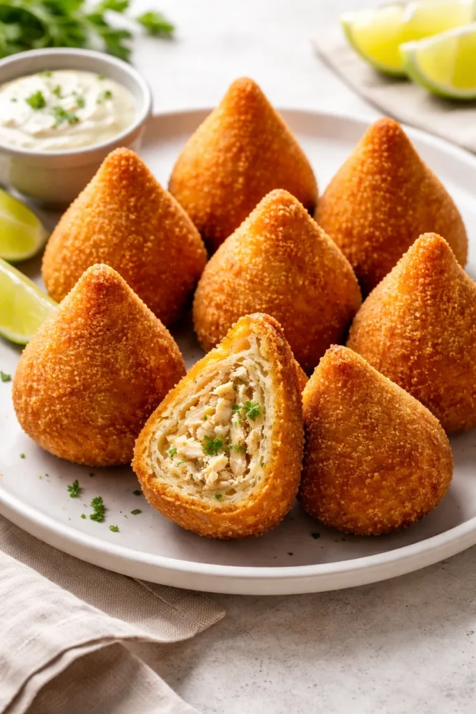 Coxinha chicken croquettes on a plate with golden crust