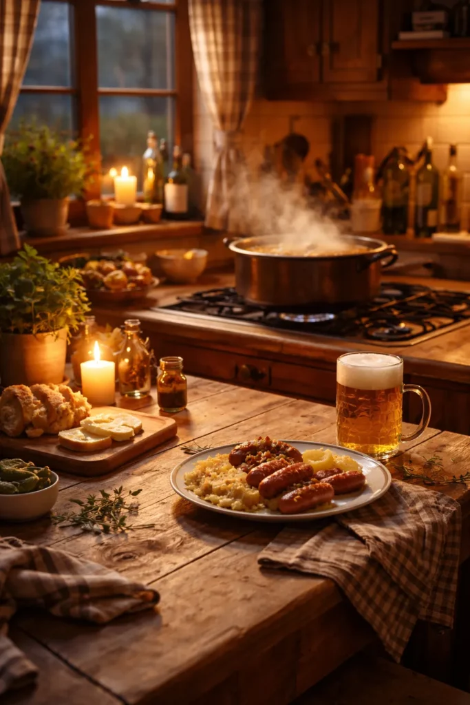Cozy kitchen with simmering pot and warm light