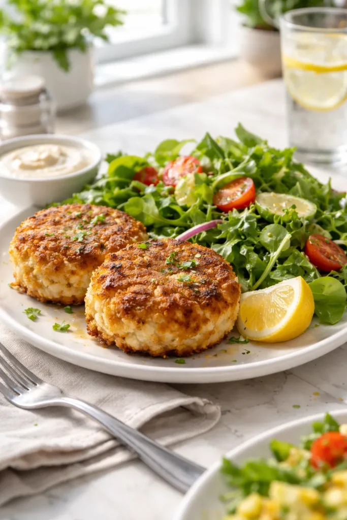 Crab cake plated with a crisp green salad in light vinaigrette on a white plate