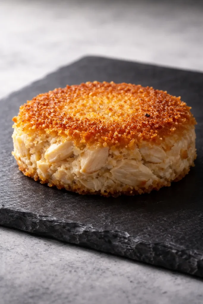 Crab cake disk with one-sided panko crust on a dark plate, interior visible