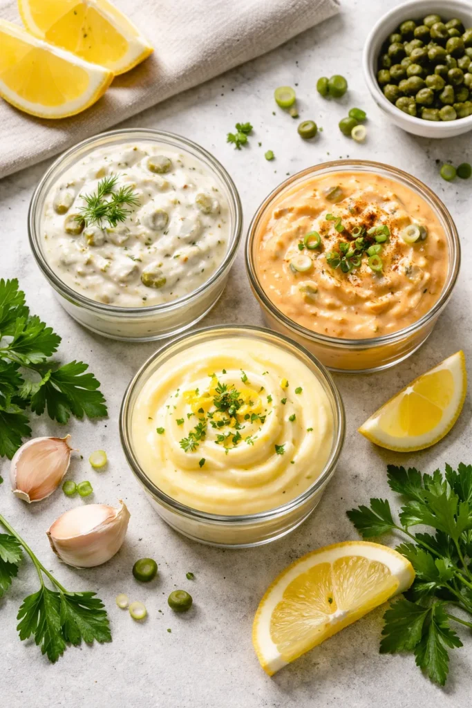 Three sauce ramekins with tartar, remoulade, and lemon aioli on a neutral surface