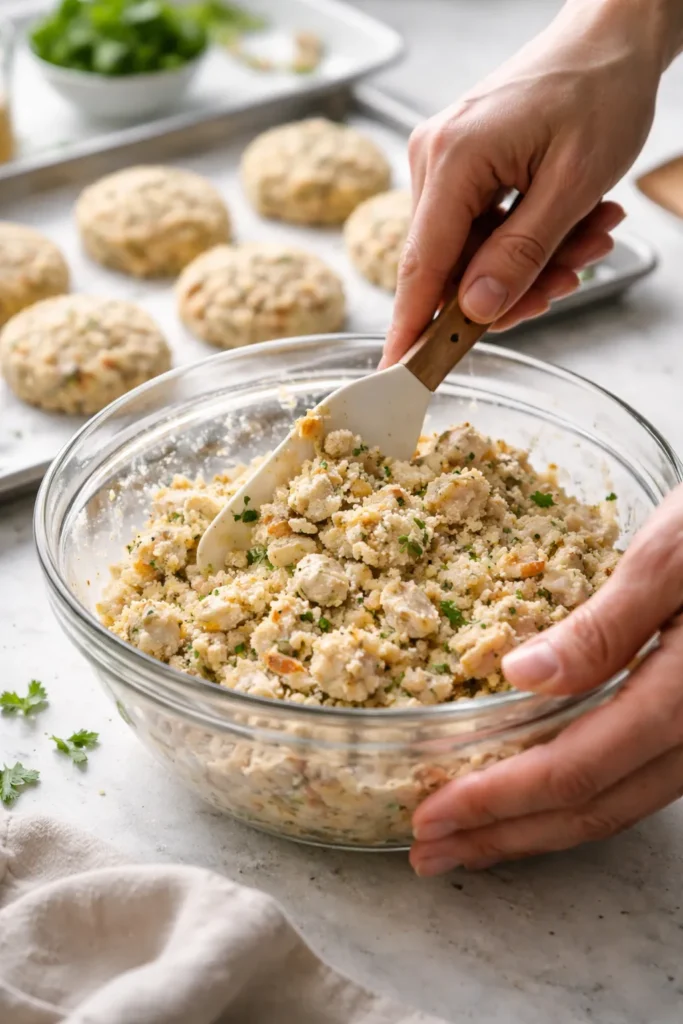 Hands folding crab cake mixture in a bowl with formed patties on parchment