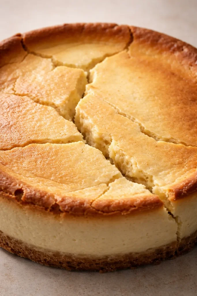 Close-up of cheesecake surface with visible cracks