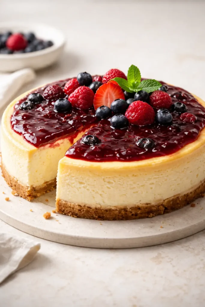 Cracked cheesecake surface with berry sauce on top