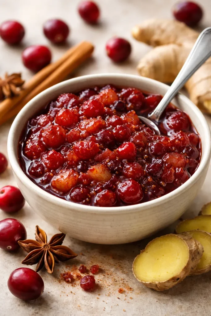 Cranberry and ginger chutney in a small bowl with jewel-red color