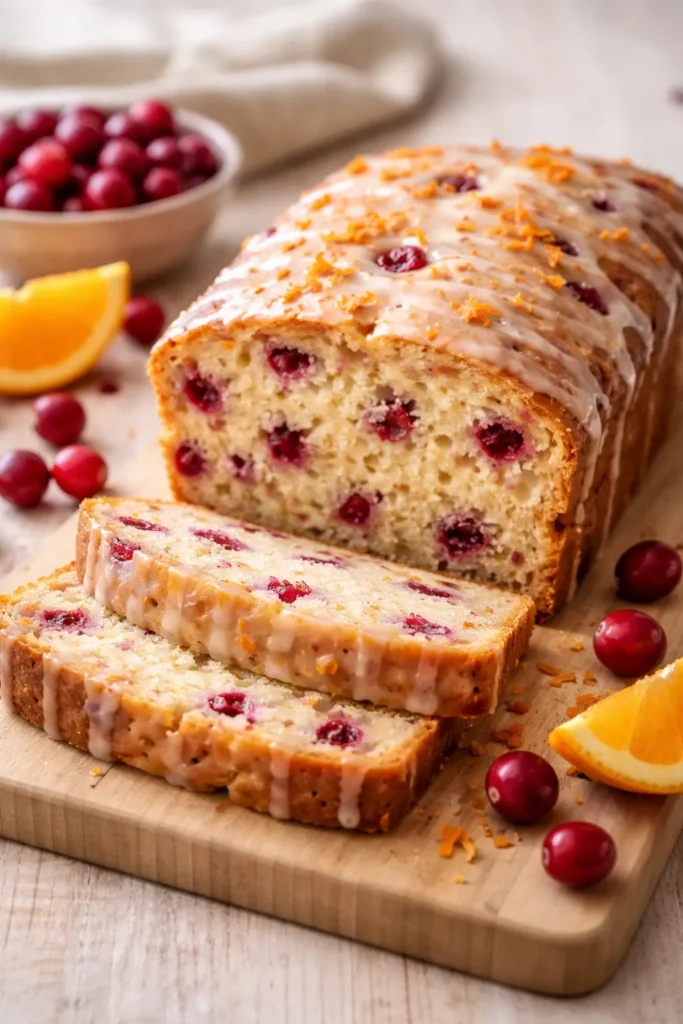 Cranberry bread loaf with cranberries and glaze on wooden surface